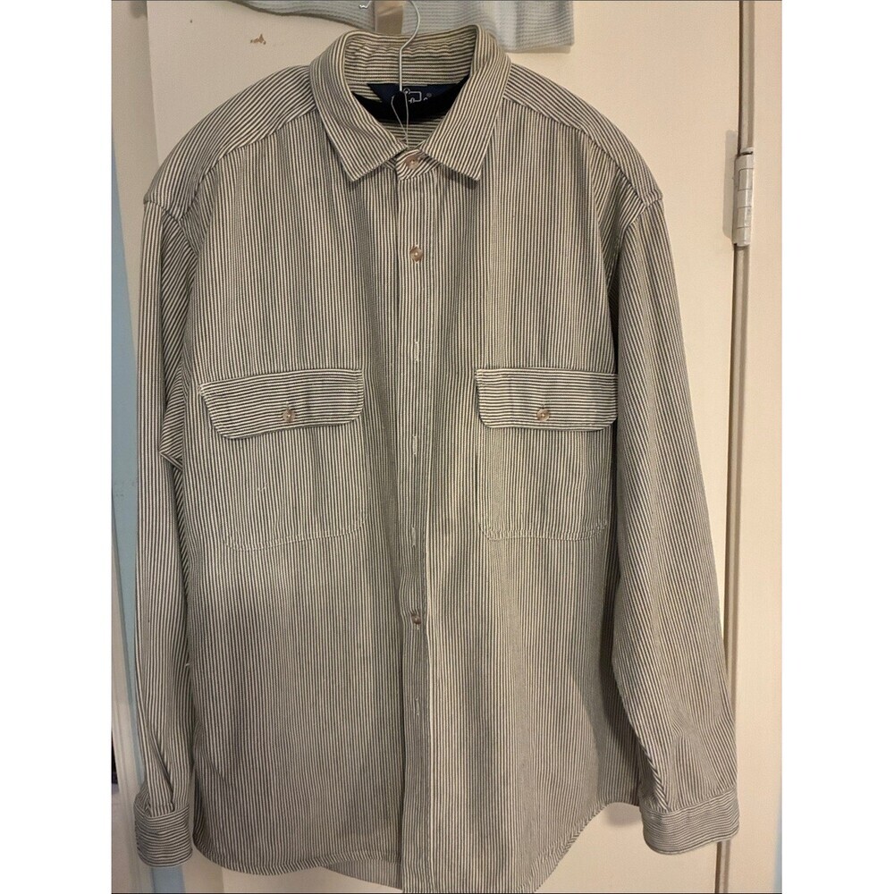 Woolrich Men’s Light Gray and Off-White Striped Shacket-like Button-Down Shirt